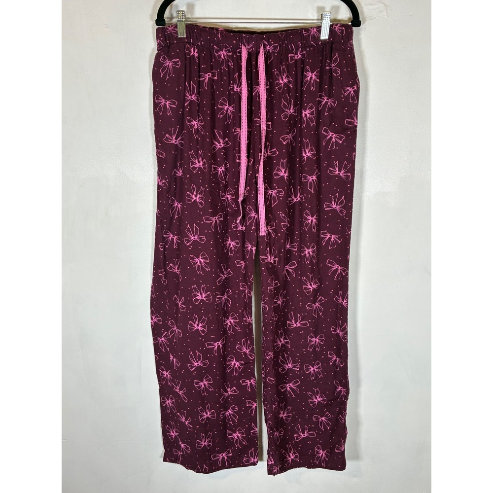 Women's Large 12-14 Pajama Pants Pink Bow Print Lounge Sleepwear Drawstring